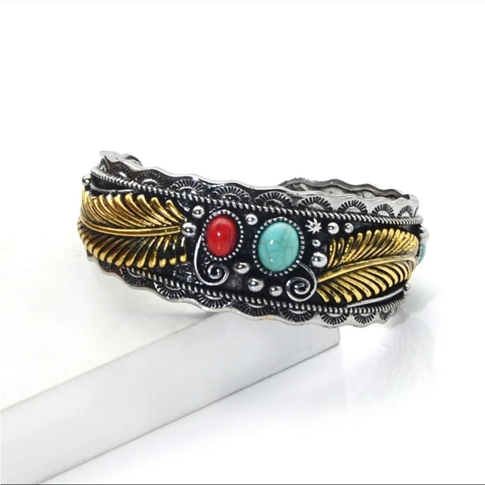 Womens Two Tone Vintage Style Slip on Boho Bracelet with stone accents - Picture 3 of 5